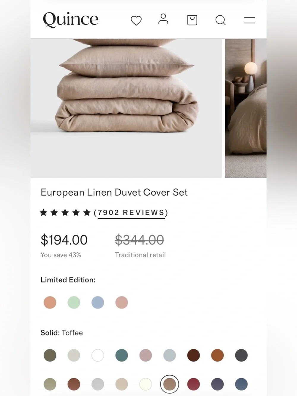 NWOT Quince European Linen 3 Piece Duvet Cover Set, Full/Queen (Toffee)